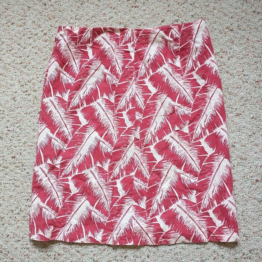 J Crew Skirt 14 Red White Leaf Pattern Over Print Linen Blend Short Hawaiian